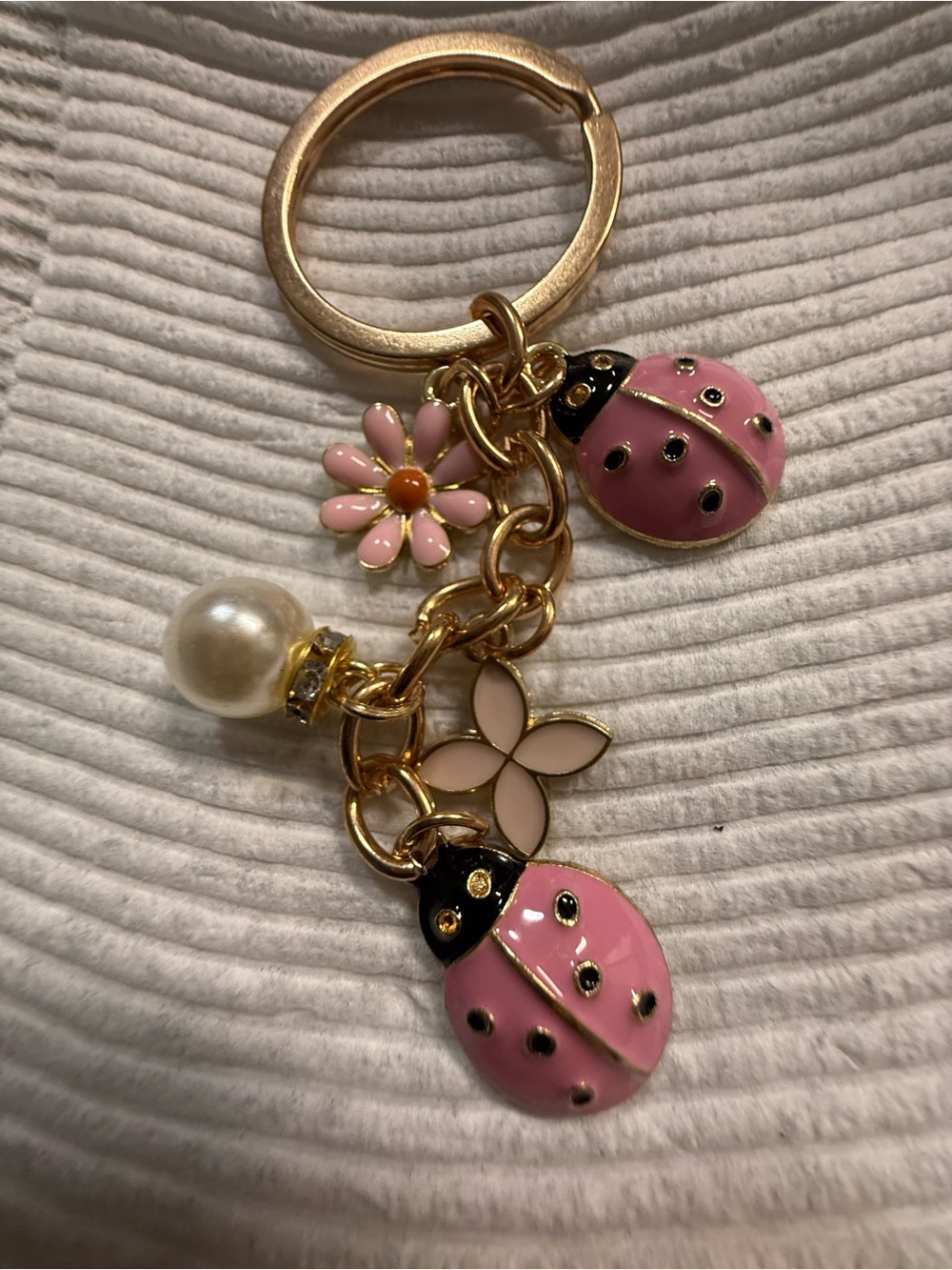 Pink Ladybug Charm Keychain with Flower & Pearl bag charm